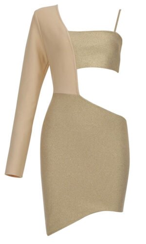 Gemma Gold Beige One Sleeve Asymmetric Mini Dress