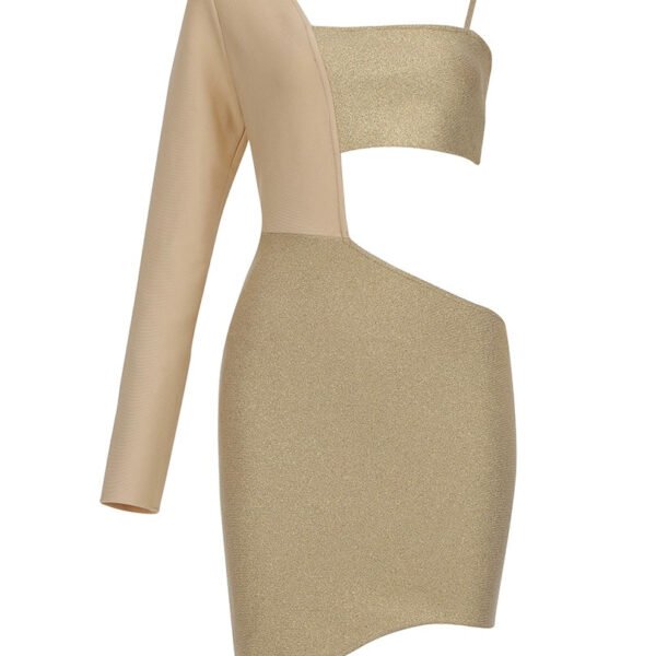 Gemma Gold Beige One Sleeve Asymmetric Mini Dress