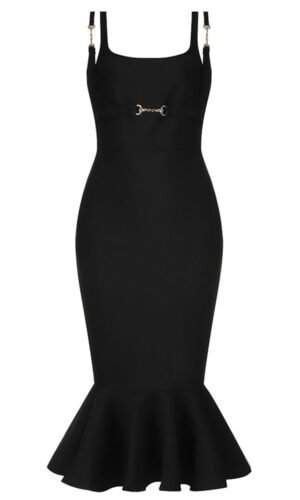 Charlie Black Mermaid Hem Midi Dress with Double Strap