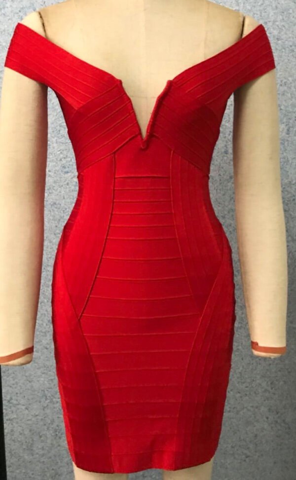 Kay Red V-Neck Off Shoulder Bandage Dress - Image 3