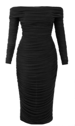 Paislee Off Shoulder Long Sleeve Black Mesh Midi Dress