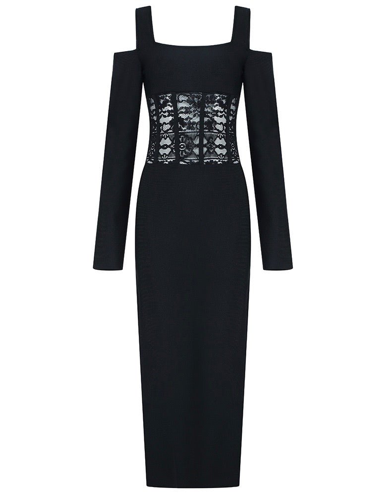 Lexi Black Long Sleeve Lace Insert Midi Dress