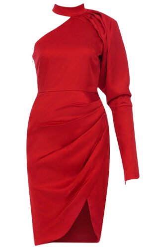 Lucy One Sleeve Red Satin Dress