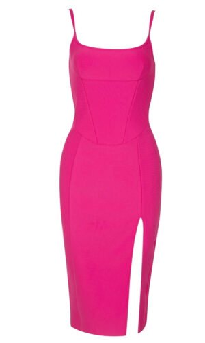 Isabella  Hot Pink Silk Corset  Midi Dress