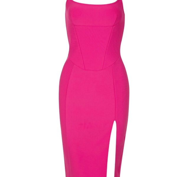 Isabella  Hot Pink Silk Corset  Midi Dress