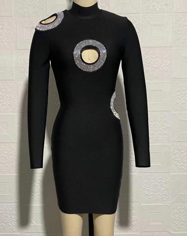 London Black Cut Out Long Sleeve Rhinestone Mini Dress - Image 3