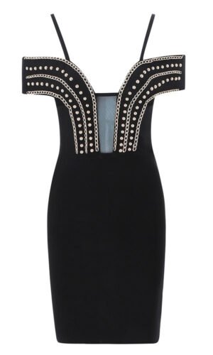 Malysa Black Mini Metal Studded Bandage Dress