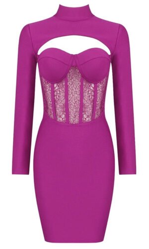 Charlie Ruby Pink Long Sleeve Mini Bandage Dress with Lace Details