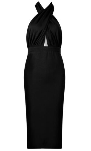 Lainey Black Halter Cross Over Front Midi Dress