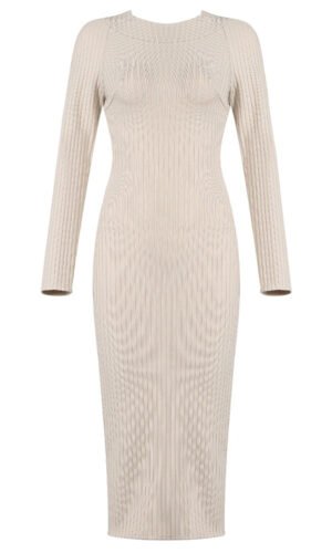 Lora Beige High Neck Long Sleeve Open Back Dress
