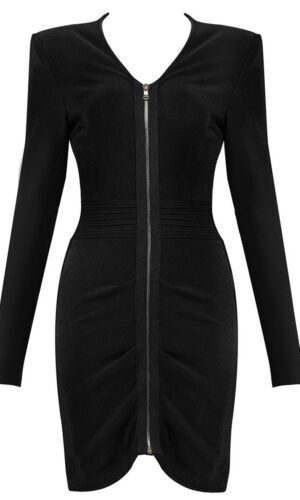 Serenity Long Sleeve Zipper Front Black Mini Dress