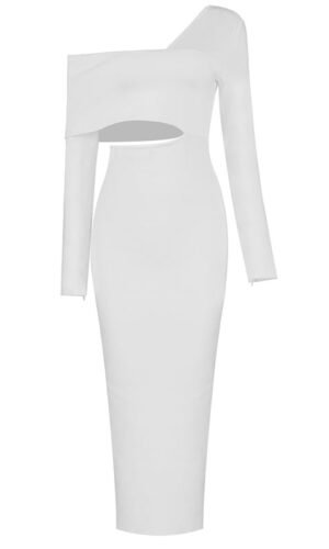 Magdalena White One Sleeve Off Shoulder Midi Dress