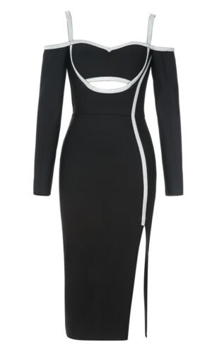 Freyja Black Long Sleeve off Shoulder Midi Dress with Silver Trim