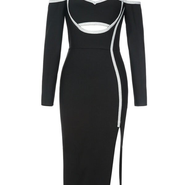 Freyja Black Long Sleeve off Shoulder Midi Dress with Silver Trim