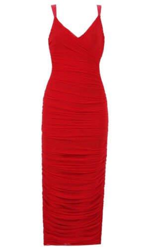 Lydia Cross Over Front Detail Midi Spaghetti Strap Dress- Red