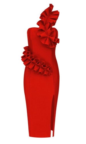 Brooke Red Ruffle One Strap Midi Dress