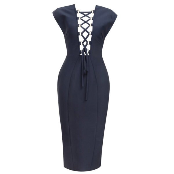 Angelica Navy Blue Backless Midi Dress with Lace Up Front