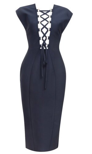 Angelica Navy Blue Backless Midi Dress with Lace Up Front