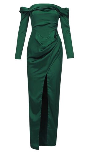 Cecilia Green Long Sleeve Draped Maxi Dress Green