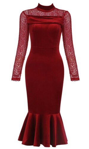 Claudette Red Velvet Crochet Long Sleeve Fluted Midi Dress