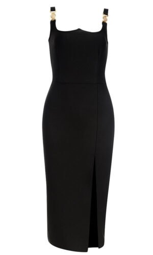 Hanna Black Strap Midi Dress with Split