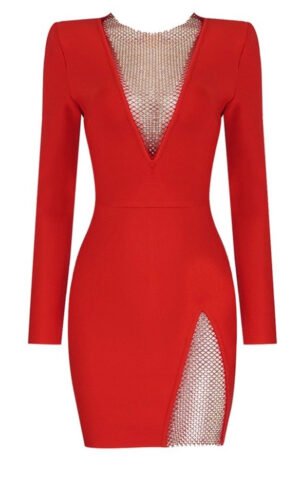 Savannah Red Mesh Rhinestone Mini Long Sleeve Dress