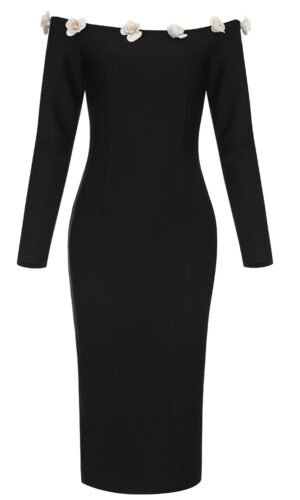 Hadley Off Shoulder Long Sleeve Midi Dress with Floral Detail