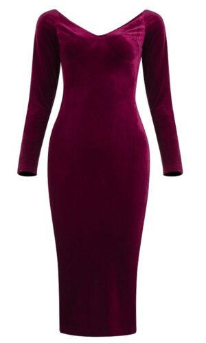 Lauren Burgundy Off Shoulder Long Sleeve Velvet Midi Dress