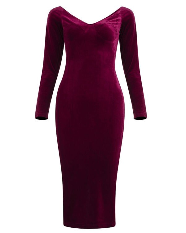 Lauren Burgundy Off Shoulder Long Sleeve Velvet Midi Dress