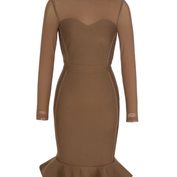 Della Brown Mesh Long Sleeve Midi Dress with Ruffle Hem