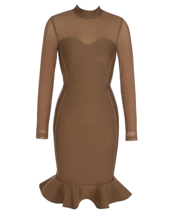 Della Brown Mesh Long Sleeve Midi Dress with Ruffle Hem