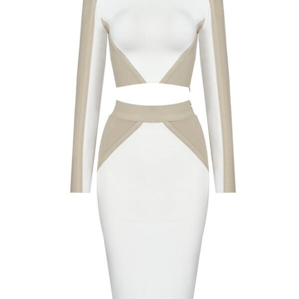 Evelyn Beige and White Long Sleeve Two Piece Set