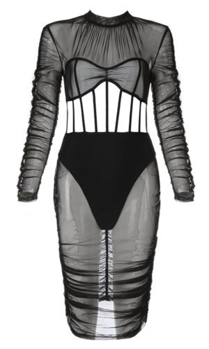 Iris Black Long Sleeve Mesh Midi Dress