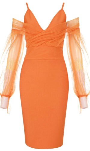 Gabriella Orange Mesh Puff Long Sleeve Midi Dress