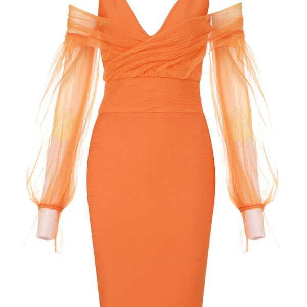 Gabriella Orange Mesh Puff Long Sleeve Midi Dress