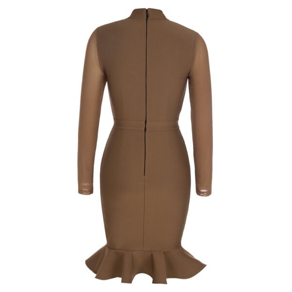 Della Brown Mesh Long Sleeve Midi Dress with Ruffle Hem - Image 3