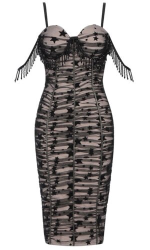 Hazel Black Mesh Tassels Short Sleeve Midi Dress