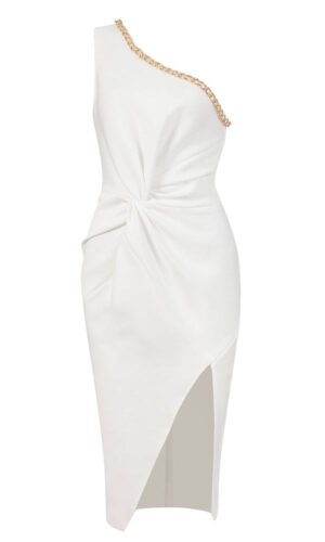 Sasha White One Shoulder Midi Dress with Chain Detail