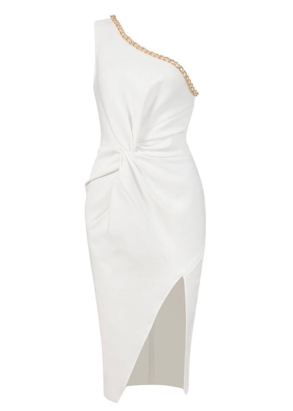 Sasha White One Shoulder Midi Dress with Chain Detail