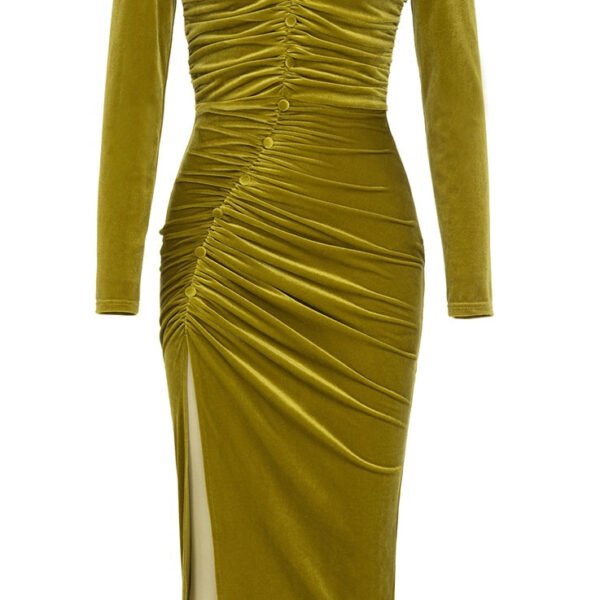 Clara Mustard Yellow Off Shoulder Velvet Midi Dress