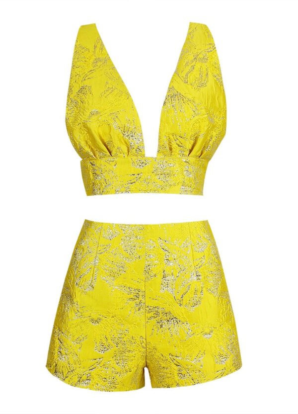 Noelle Yellow Jacquard V Neckline Shorts Suit