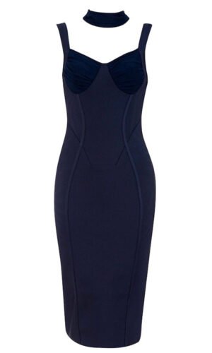 Ryan Dark Blue High Neck Midi Dress