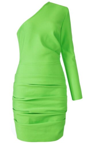 Finley One Sleeve Neon Green Ruched Dress