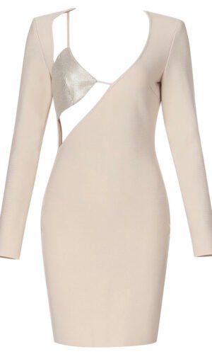 Evie Beige Sequin Bustier Long Sleeve Mini Dress