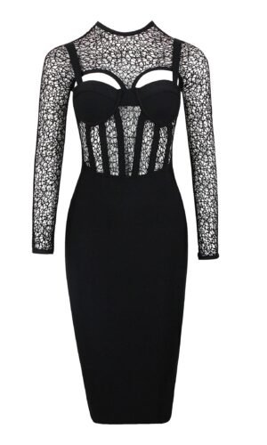Maliyah Black Long Sleeve Lace Open Back Midi Dress