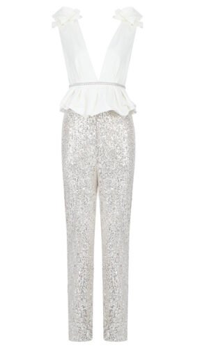 Jordan Peplum Sequin White Silver Jumpsuit with Bottom Side silt Details