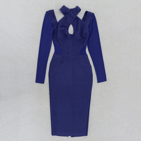 Aaliyah Blue Long Sleeve Structured Midi Dress with Halter Neckline - Image 4