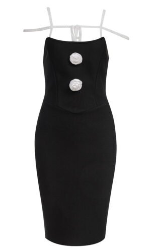 Nia Black White Spaghetti Strap Mini Dress with Lace Strap