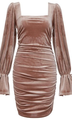 Kaelie Long Sleeve Brown Draped Mini Dress
