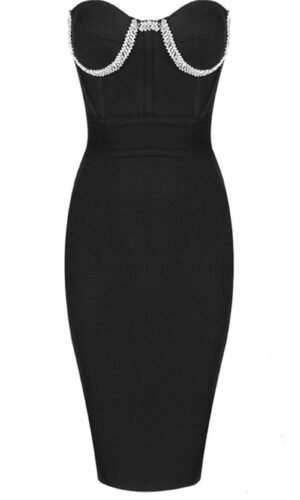 Everly Strapless Black Embellished Bustier Midi Dress